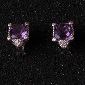 Judith Ripka 925 Sterling Silver CZ Amethyst Button Earrings